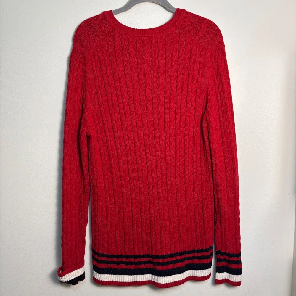 Tommy Hilfiger XL Cable Knit Sweater 100% Cotton Red Striped Preppy Fisherman